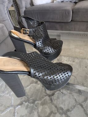 Black Perforated Platform Slingback Heels 5.5